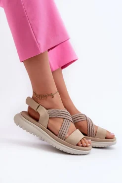 Lekkie Damskie Wygodne Sandały Na Rzep Beżowe Ceclea