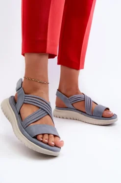 Lekkie Damskie Wygodne Sandały Na Rzep Niebieskie Ceclea