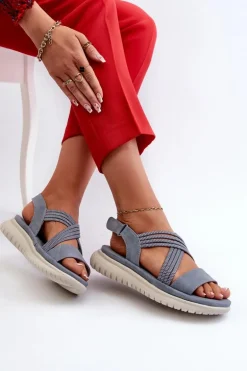 Lekkie Damskie Wygodne Sandały Na Rzep Niebieskie Ceclea