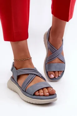 Lekkie Damskie Wygodne Sandały Na Rzep Niebieskie Ceclea