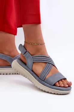 Lekkie Damskie Wygodne Sandały Na Rzep Niebieskie Ceclea