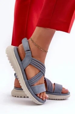 Lekkie Damskie Wygodne Sandały Na Rzep Niebieskie Ceclea