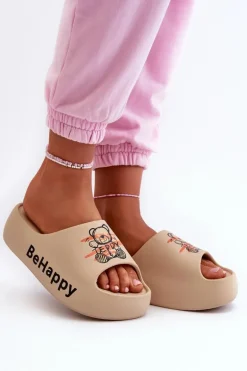 Lekkie Klapki Damskie Na Grubej Podeszwie Z Misiem Piankowe Ciemnobeżowe Serefina