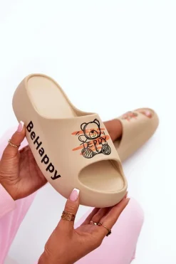 Lekkie Klapki Damskie Na Grubej Podeszwie Z Misiem Piankowe Ciemnobeżowe Serefina