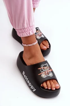 Lekkie Klapki Damskie Na Grubej Podeszwie Z Misiem Piankowe Czarne Serefina