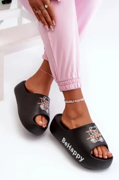 Lekkie Klapki Damskie Na Grubej Podeszwie Z Misiem Piankowe Czarne Serefina