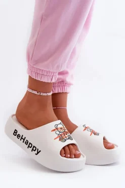 Lekkie Klapki Damskie Na Grubej Podeszwie Z Misiem Piankowe Białe Serefina
