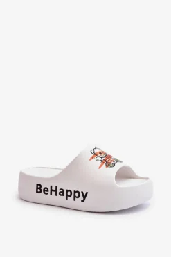 Lekkie Klapki Damskie Na Grubej Podeszwie Z Misiem Piankowe Białe Serefina