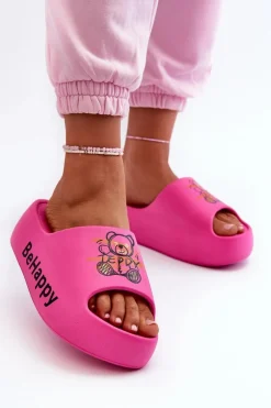 Lekkie Klapki Damskie Na Grubej Podeszwie Z Misiem Piankowe Fuksja Serefina