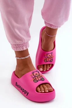 Lekkie Klapki Damskie Na Grubej Podeszwie Z Misiem Piankowe Fuksja Serefina