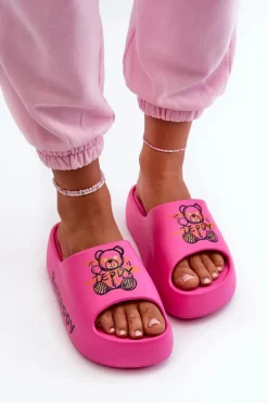 Lekkie Klapki Damskie Na Grubej Podeszwie Z Misiem Piankowe Fuksja Serefina