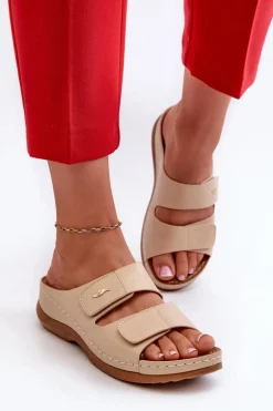 Lekkie Klapki Damskie Z Eko Skóry Beżowe Frellia