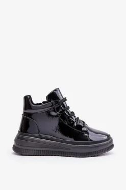 Lekkie Lakierowane Buty Sportowe Na Platformie Skóra Naturalna Artiker 55C1049 Czarne