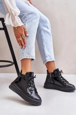 Lekkie Lakierowane Buty Sportowe Na Platformie Skóra Naturalna Artiker 55C1049 Czarne