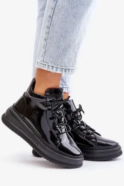 Lekkie Lakierowane Buty Sportowe Na Platformie Skóra Naturalna Artiker 55C1049 Czarne