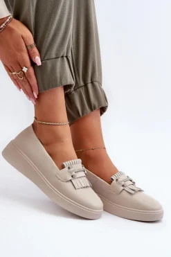 Lekkie Mokasyny Damskie Skórzane Na Platformie Beżowe S.Barski LR590