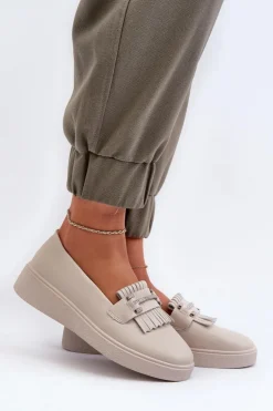 Lekkie Mokasyny Damskie Skórzane Na Platformie Beżowe S.Barski LR590