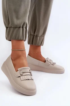 Lekkie Mokasyny Damskie Skórzane Na Platformie Beżowe S.Barski LR590