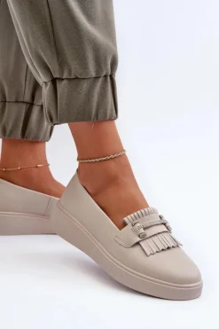 Lekkie Mokasyny Damskie Skórzane Na Platformie Beżowe S.Barski LR590