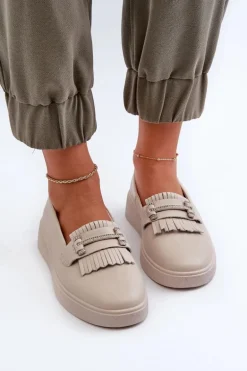 Lekkie Mokasyny Damskie Skórzane Na Platformie Beżowe S.Barski LR590