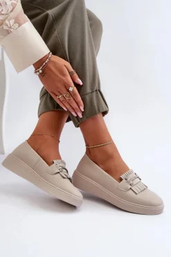 Lekkie Mokasyny Damskie Skórzane Na Platformie Beżowe S.Barski LR590