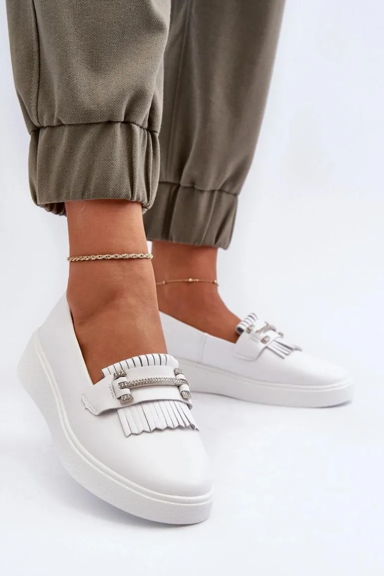 Lekkie Mokasyny Damskie Skórzane Na Platformie Białe S.Barski LR590