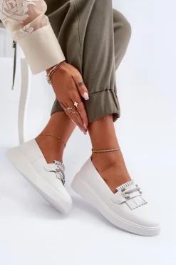 Lekkie Mokasyny Damskie Skórzane Na Platformie Białe S.Barski LR590