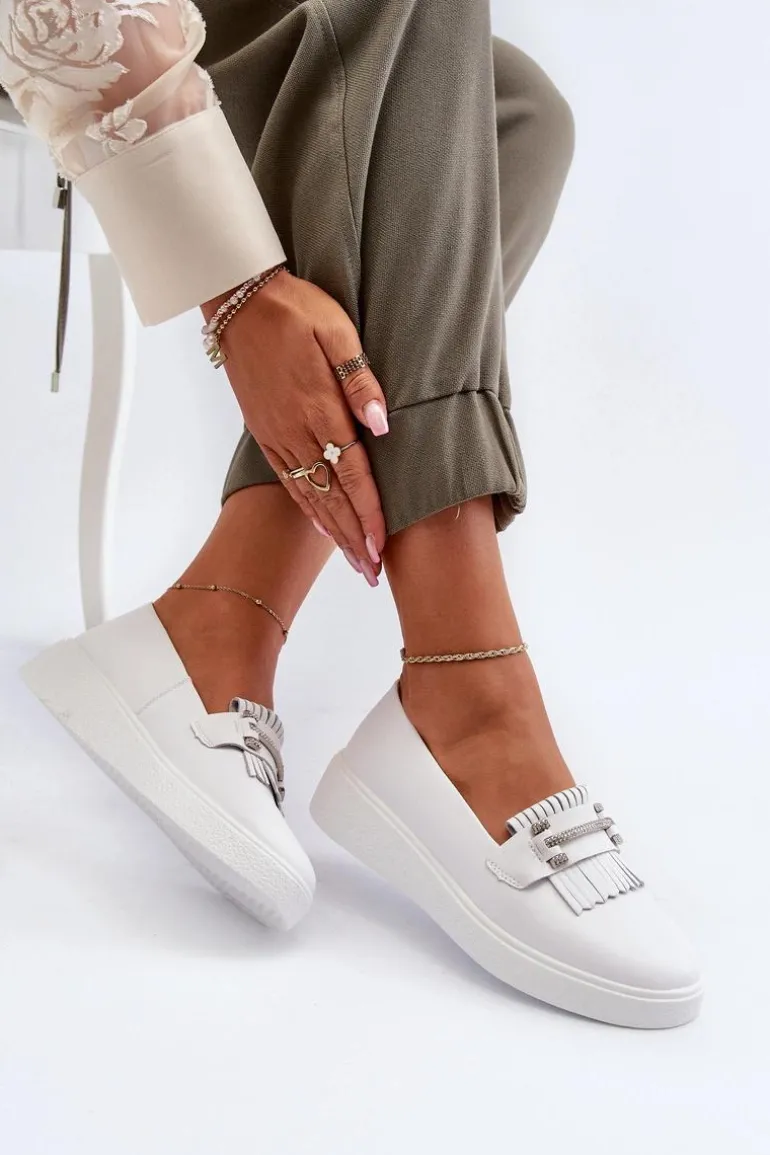 Lekkie Mokasyny Damskie Skórzane Na Platformie Białe S.Barski LR590