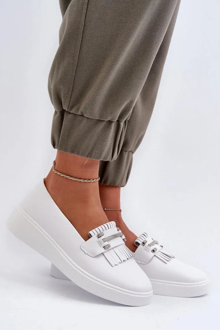 Lekkie Mokasyny Damskie Skórzane Na Platformie Białe S.Barski LR590