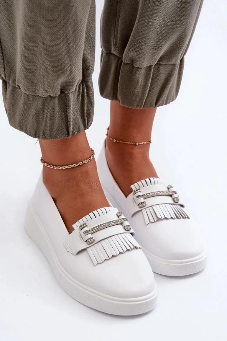 Lekkie Mokasyny Damskie Skórzane Na Platformie Białe S.Barski LR590