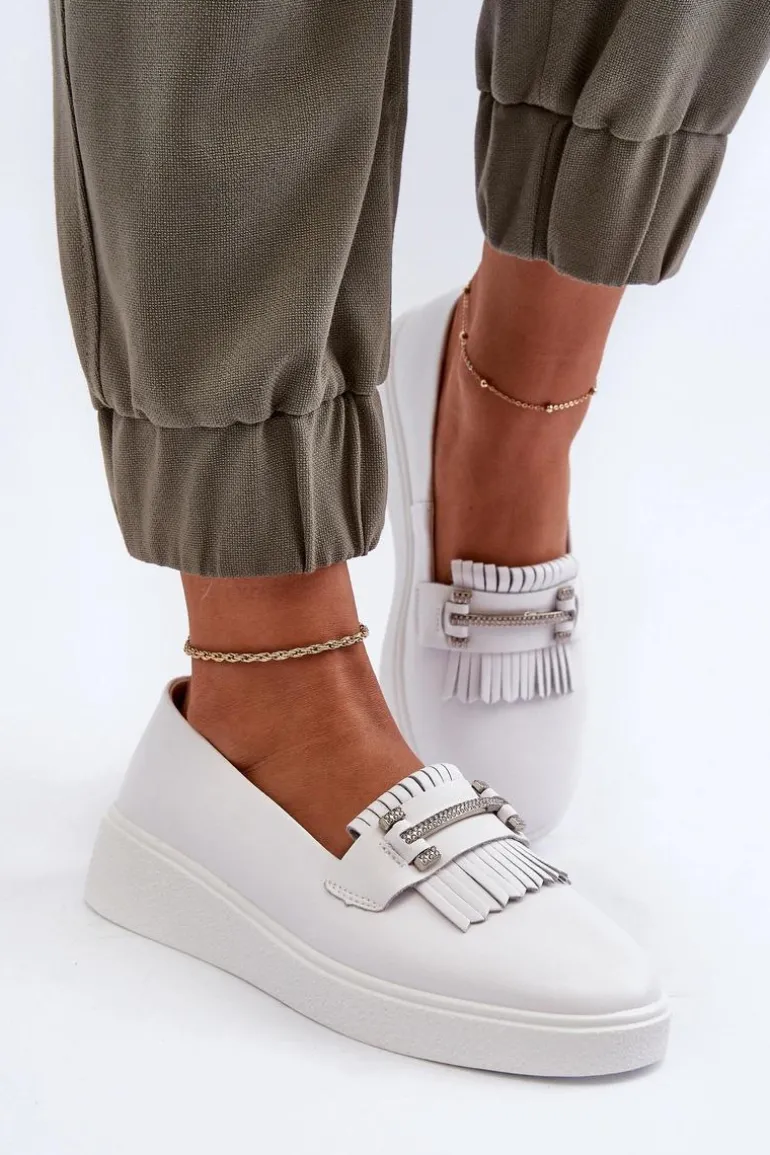 Lekkie Mokasyny Damskie Skórzane Na Platformie Białe S.Barski LR590