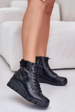Lekkie Ocieplane Botki Damskie Na Platformie I Koturnie Czarne Savindria