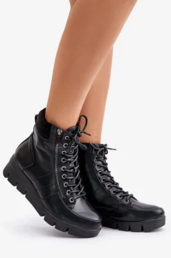 Lekkie Ocieplane Botki Damskie Na Platformie I Koturnie Czarne Savindria