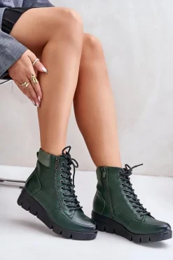 Lekkie Ocieplane Botki Damskie Na Platformie I Koturnie Ciemnozielone Savindria