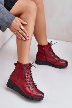 Lekkie Ocieplane Botki Damskie Na Platformie I Koturnie Bordowe Savindria