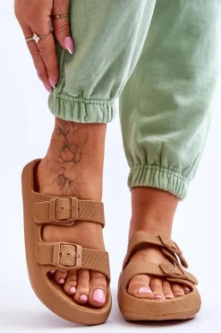 Lekkie Piankowe Damskie Klapki Brązowe Cleve