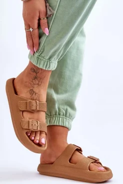 Lekkie Piankowe Damskie Klapki Brązowe Cleve