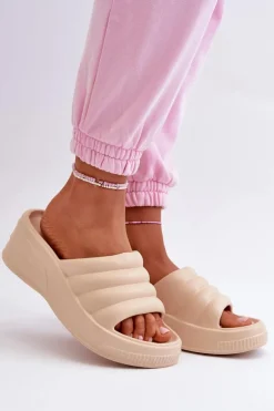 Lekkie Piankowe Klapki Damskie Na Koturnie I Platformie Beżowe Tendrea