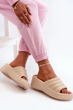 Lekkie Piankowe Klapki Damskie Na Koturnie I Platformie Beżowe Tendrea