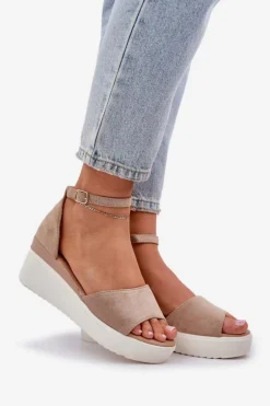 Lekkie Sandały Na Platformie I Delikatnym Koturnie Ciemnobeżowe Gillifia