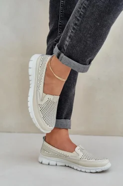 Lekkie Skórzane Ażurowe Mokasyny Damskie Na Platformie Beżowe Tanelora