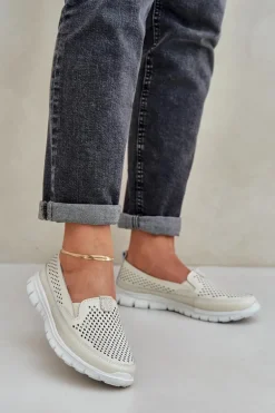 Lekkie Skórzane Ażurowe Mokasyny Damskie Na Platformie Beżowe Tanelora