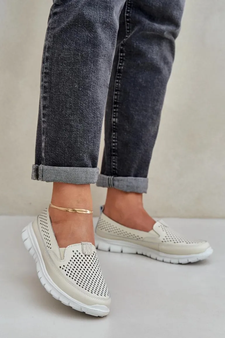 Lekkie Skórzane Ażurowe Mokasyny Damskie Na Platformie Beżowe Tanelora