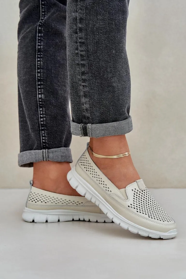 Lekkie Skórzane Ażurowe Mokasyny Damskie Na Platformie Beżowe Tanelora