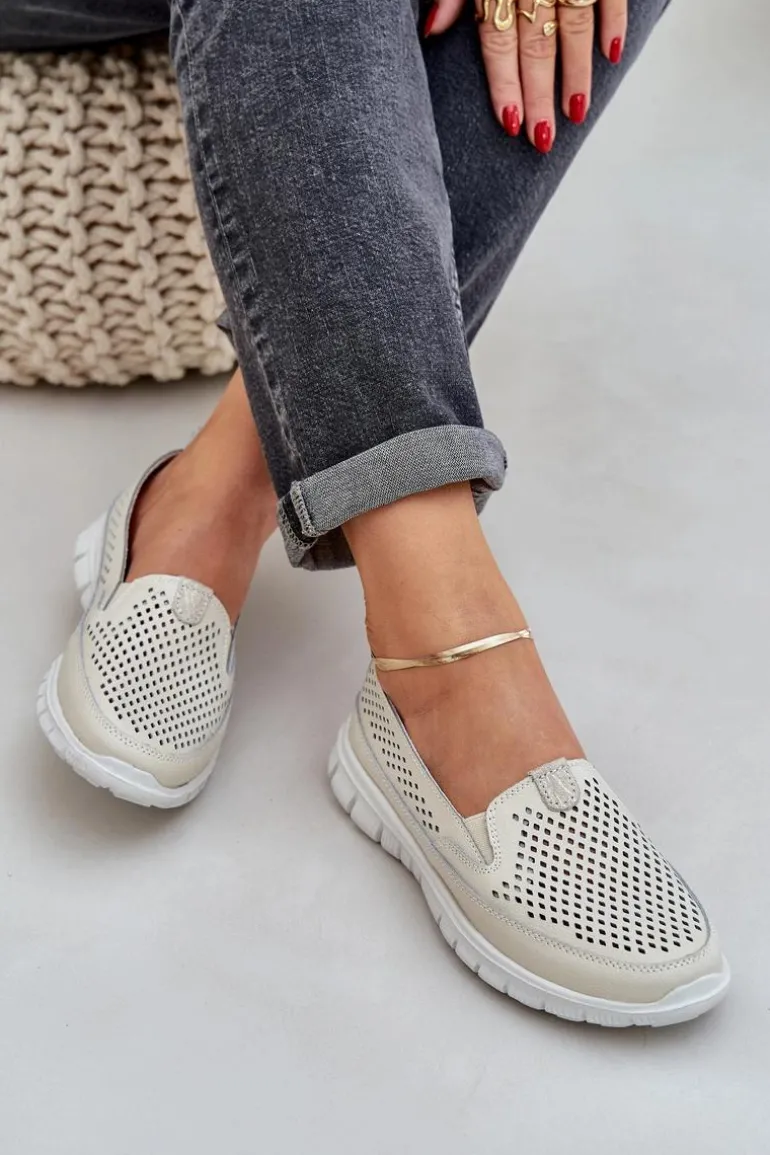 Lekkie Skórzane Ażurowe Mokasyny Damskie Na Platformie Beżowe Tanelora