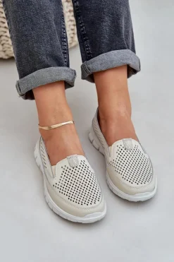 Lekkie Skórzane Ażurowe Mokasyny Damskie Na Platformie Beżowe Tanelora