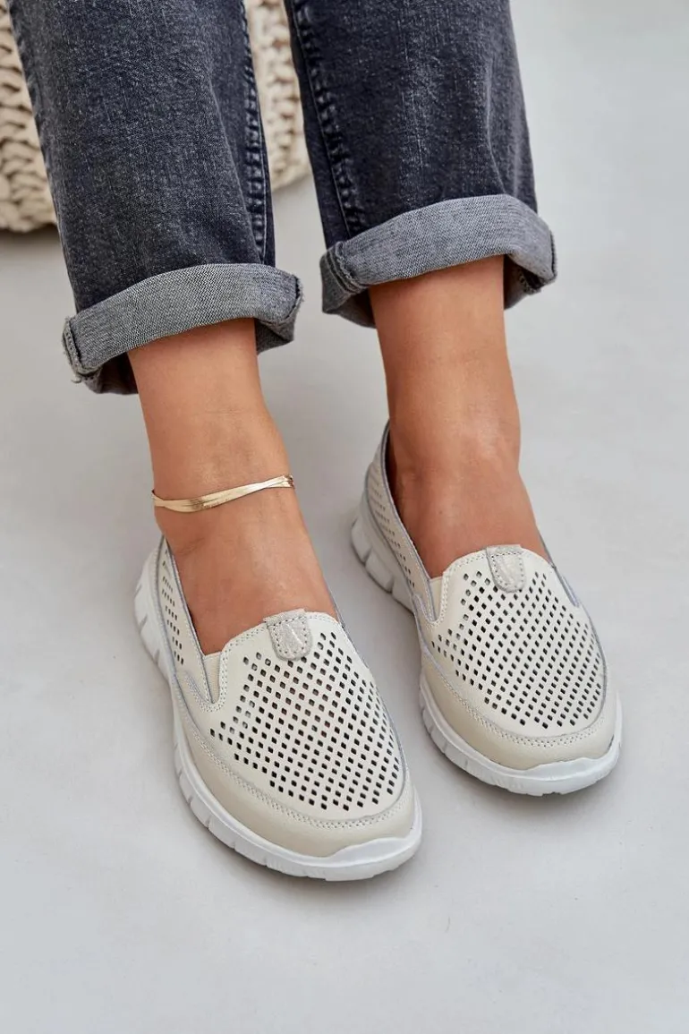 Lekkie Skórzane Ażurowe Mokasyny Damskie Na Platformie Beżowe Tanelora