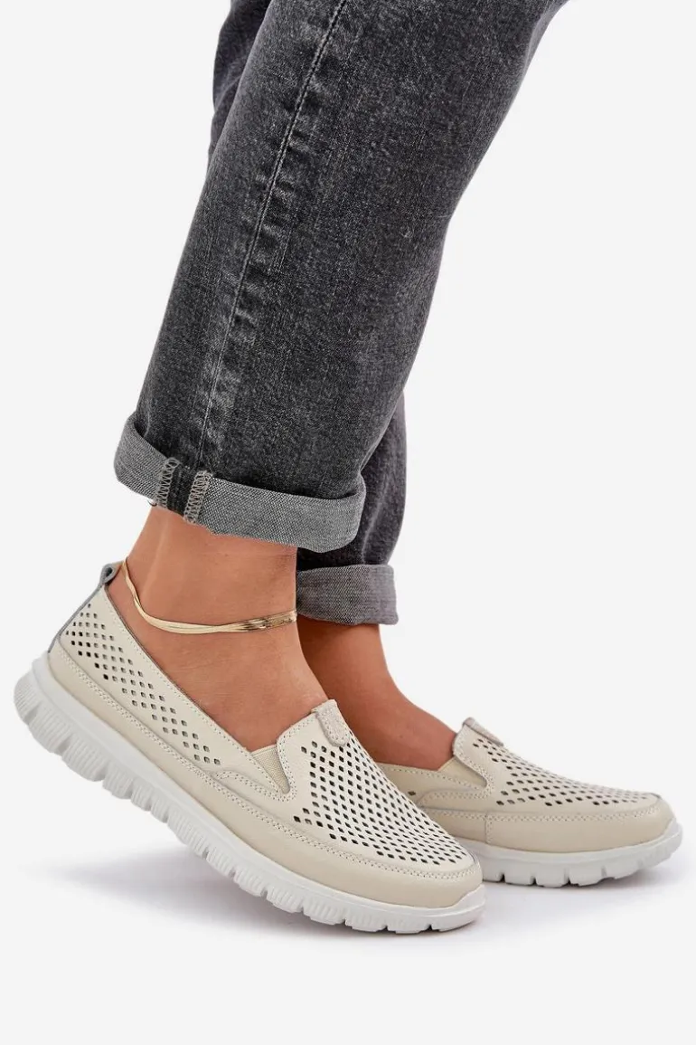 Lekkie Skórzane Ażurowe Mokasyny Damskie Na Platformie Beżowe Tanelora