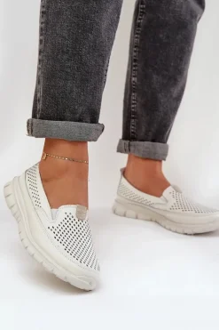 Lekkie Skórzane Ażurowe Mokasyny Damskie Na Platformie Białe Tanelora
