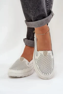 Lekkie Skórzane Ażurowe Mokasyny Damskie Na Platformie Białe Tanelora